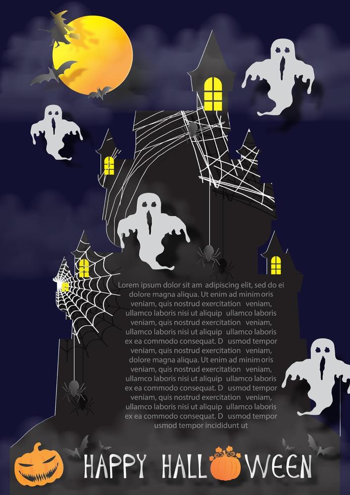 Manguera fantasma de primer plano en la noche de niebla de Halloween con fantasmas aterradores y brujas en papel cortado y diseño vectorial. vector