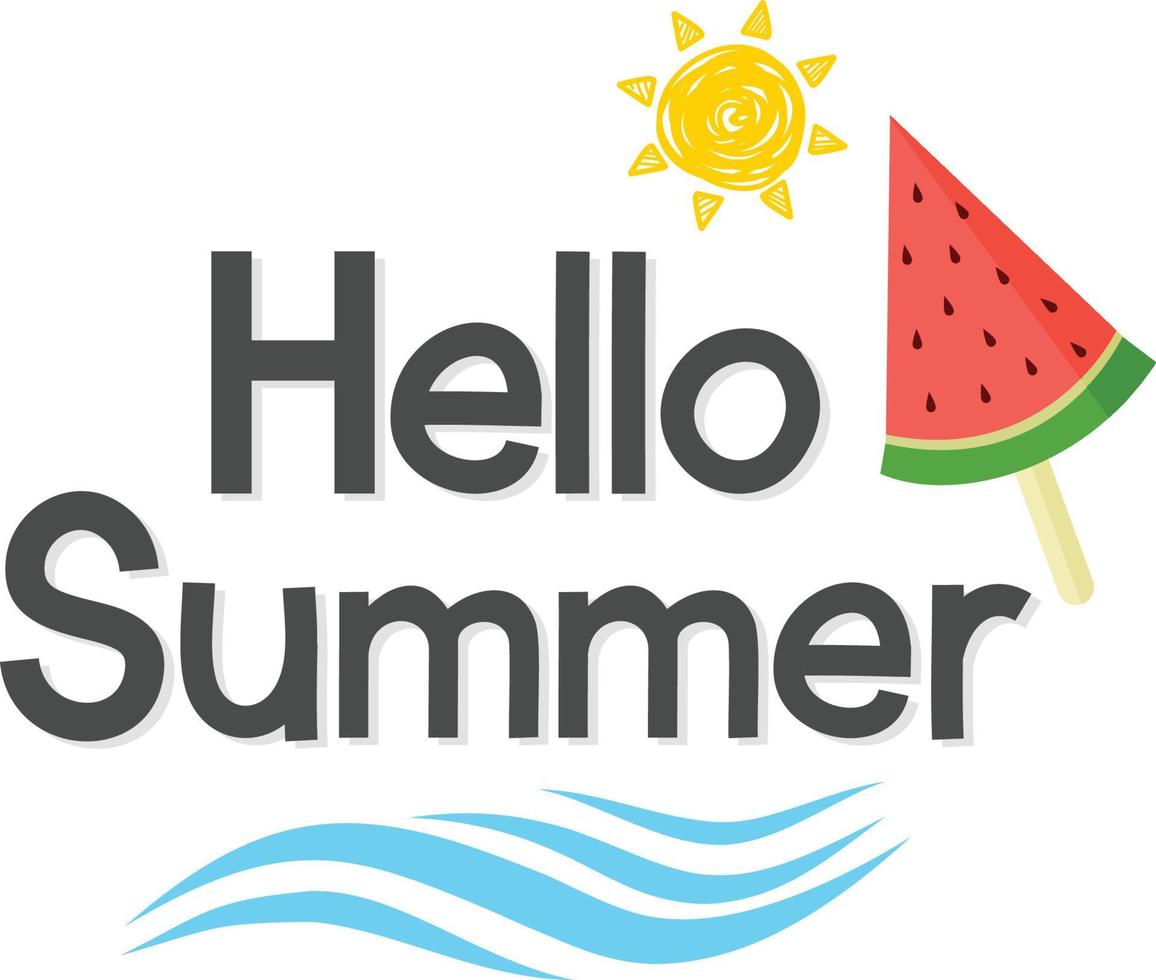Hello summer Handwritten calligraphy with watermelon wave and sun. vector