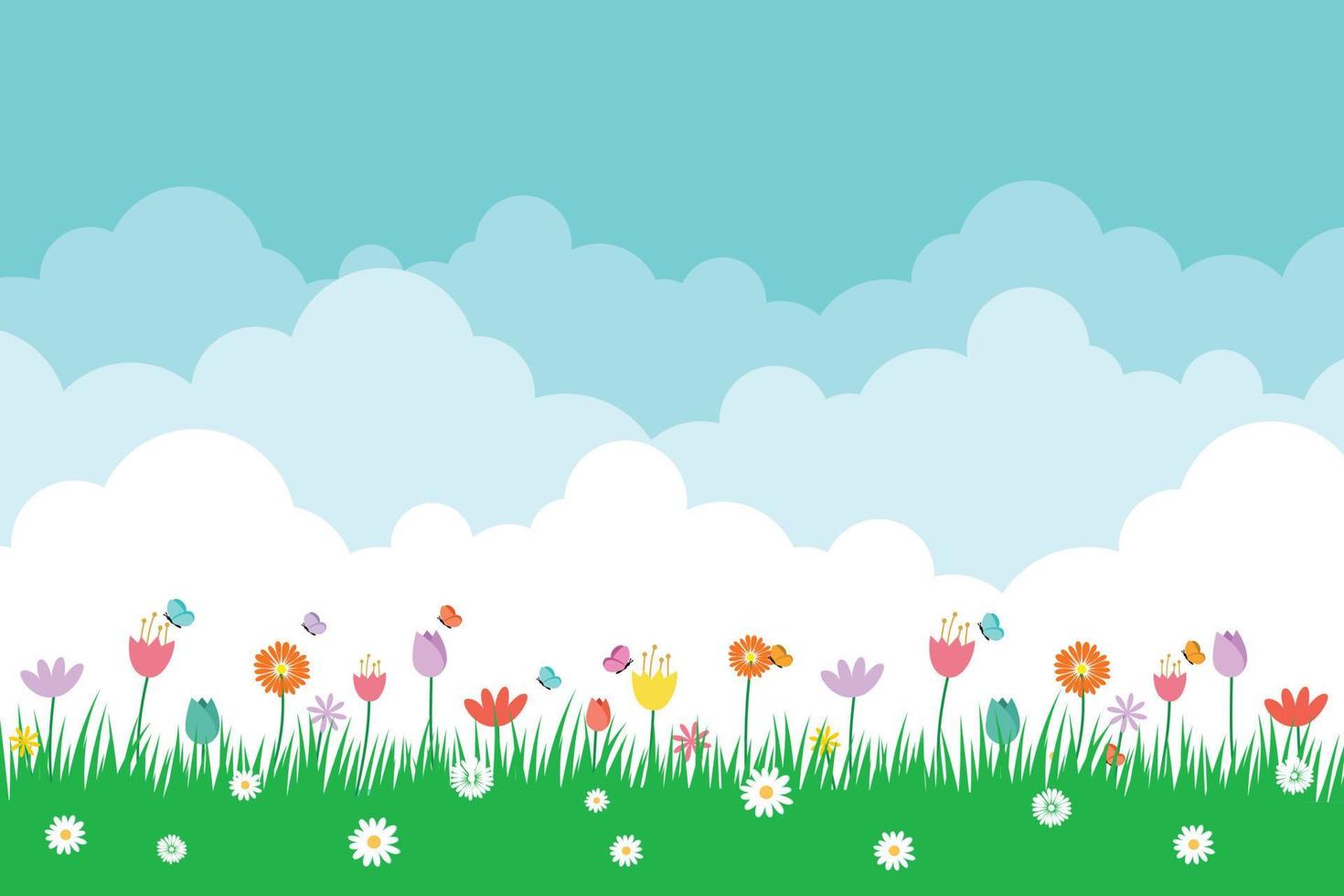 flores de hierba de primavera y mariposas aisladas sobre fondo azul. vector