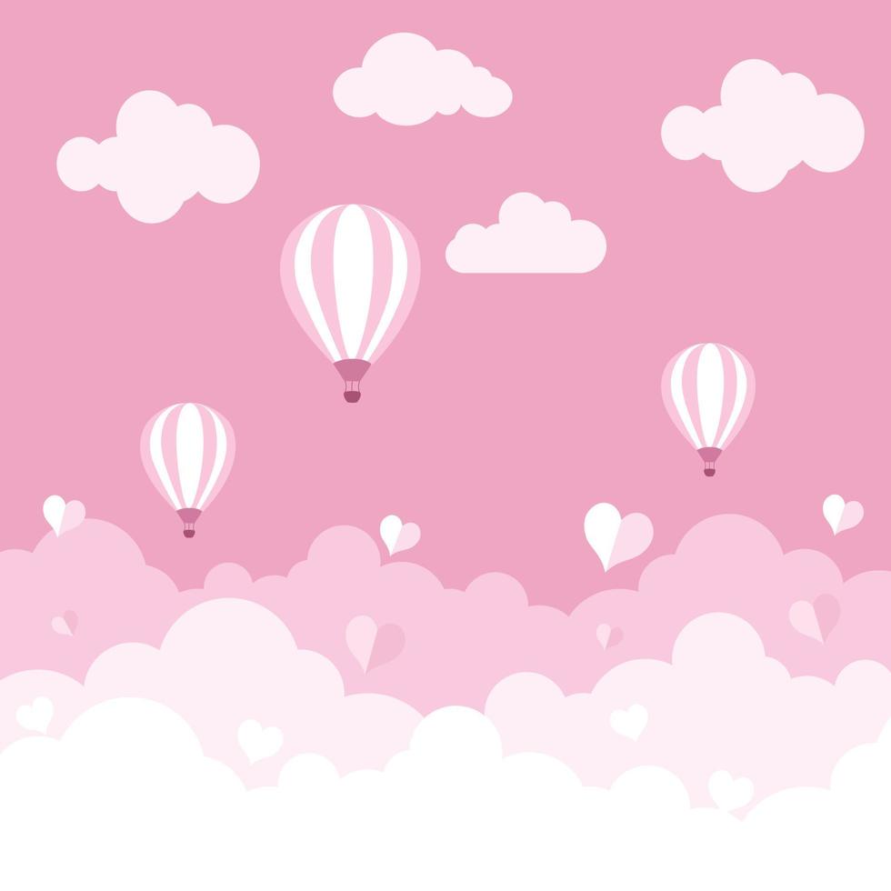 Happy Valentines Day background with pink clouds sky, balloon and hearts. vector