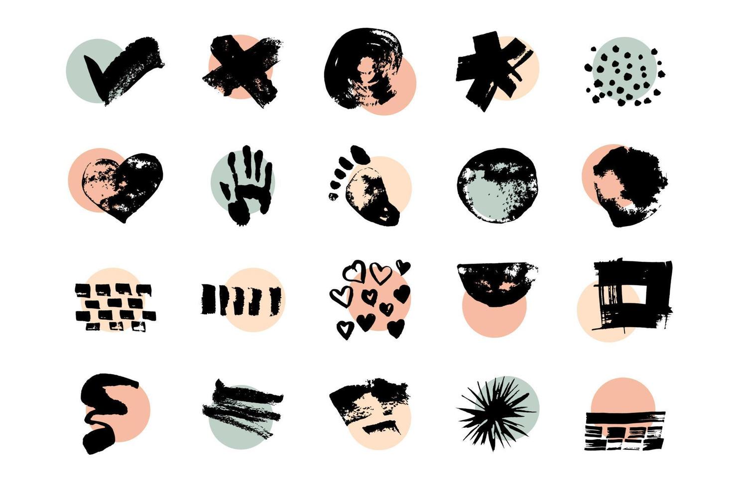 Set of various vector highlight covers. Abstract backgrounds. Various shapes, lines, spots, dots,  leaves, floral, doodle objects. Hand drawn templates. Round icons for social media stories.