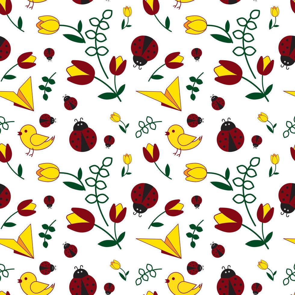 Spring mood and melody. Floral print. Background with a picture of a airplane and flowers and ladybug. 8 march and Easter. vector