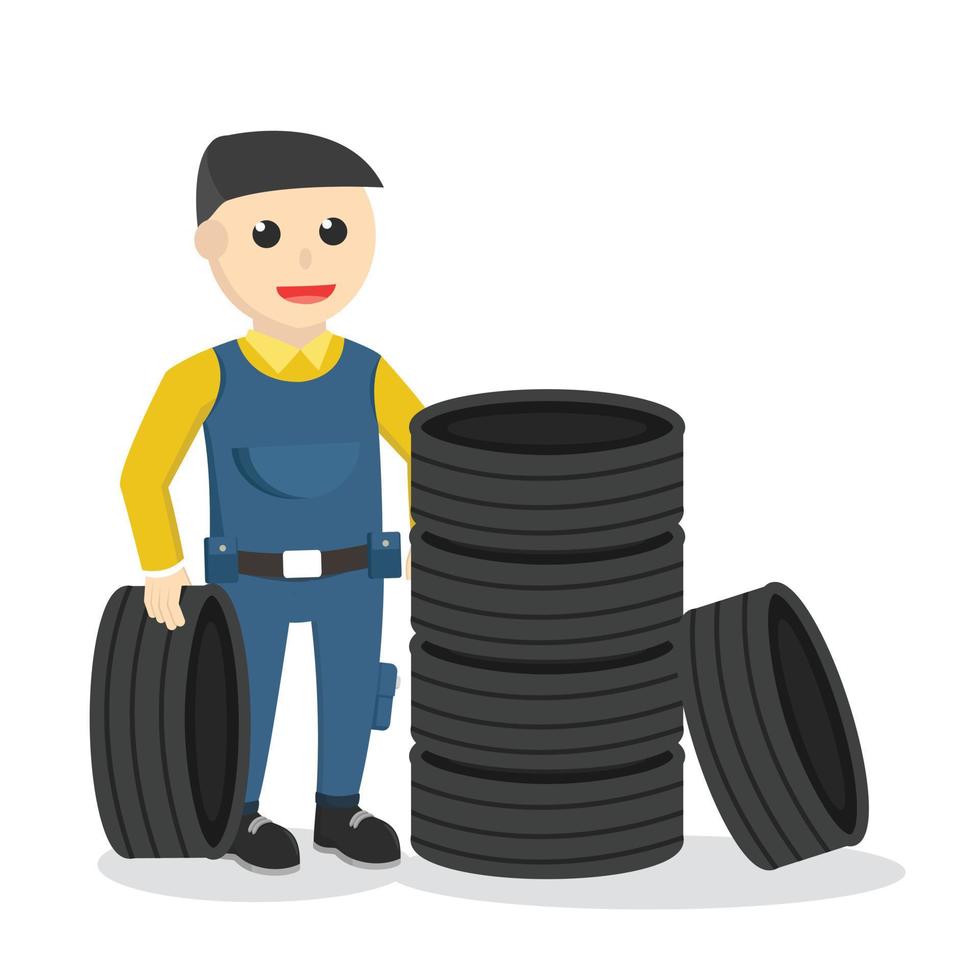 mechanic with a stack of tires design character on white background vector