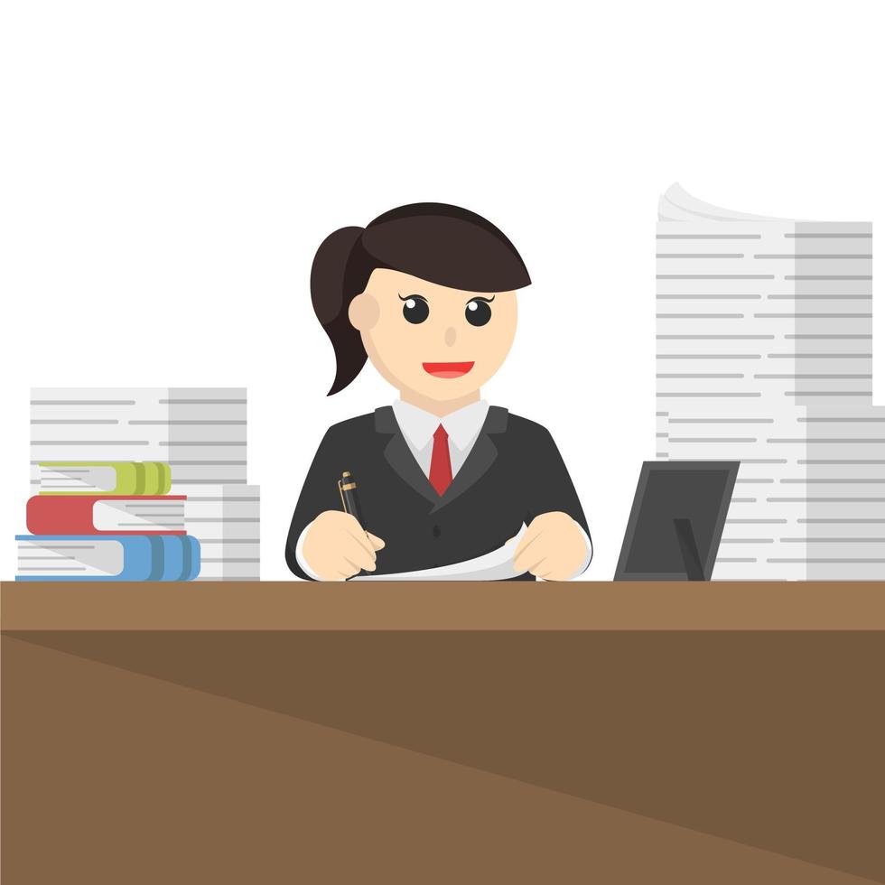 business woman working with smile design character on white background vector