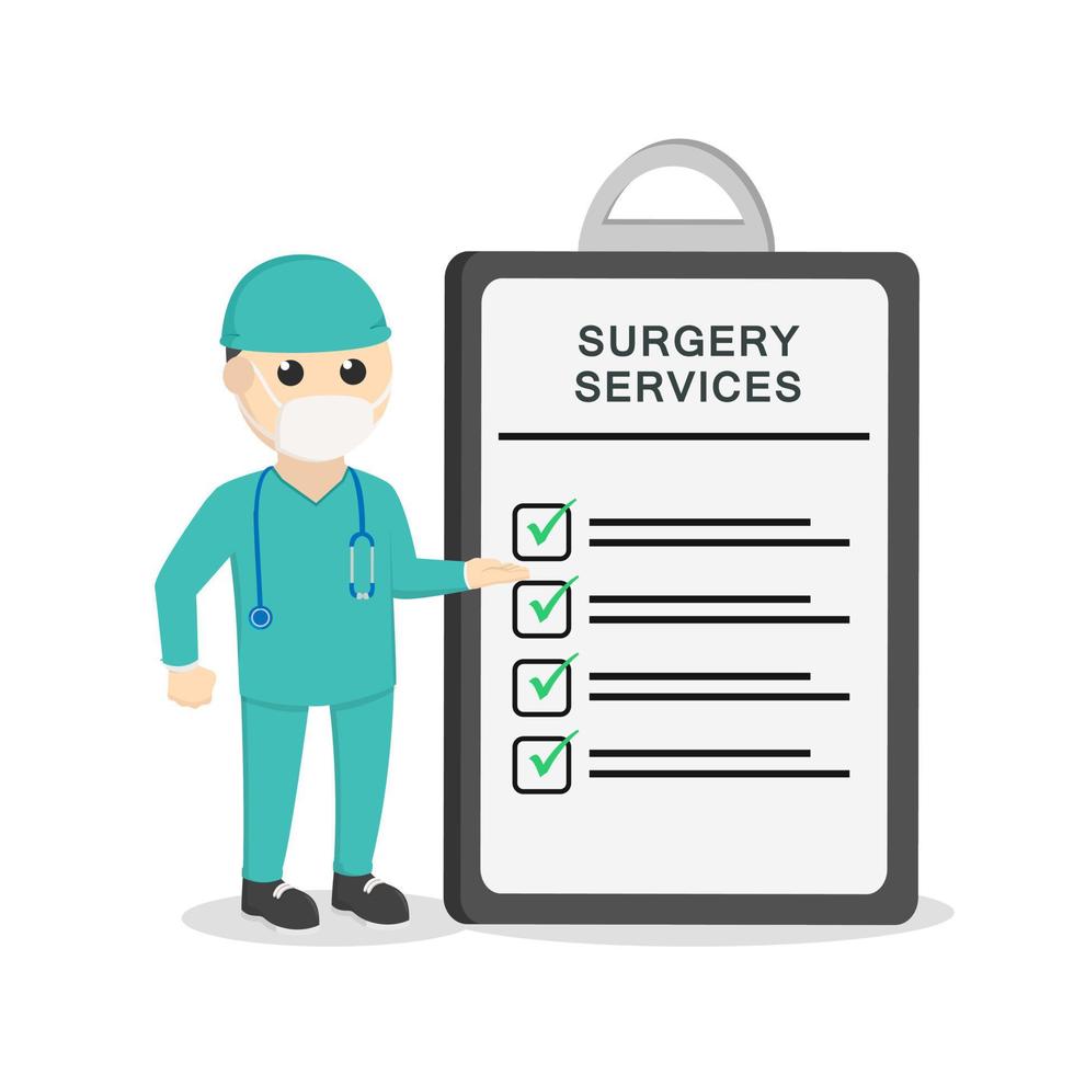 surgeon with surgery services clipboard design character on white background vector