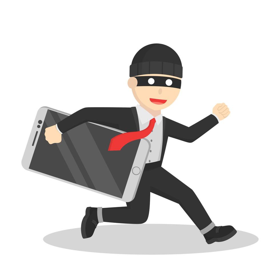 man thief stealing big smartphone design character on white background vector