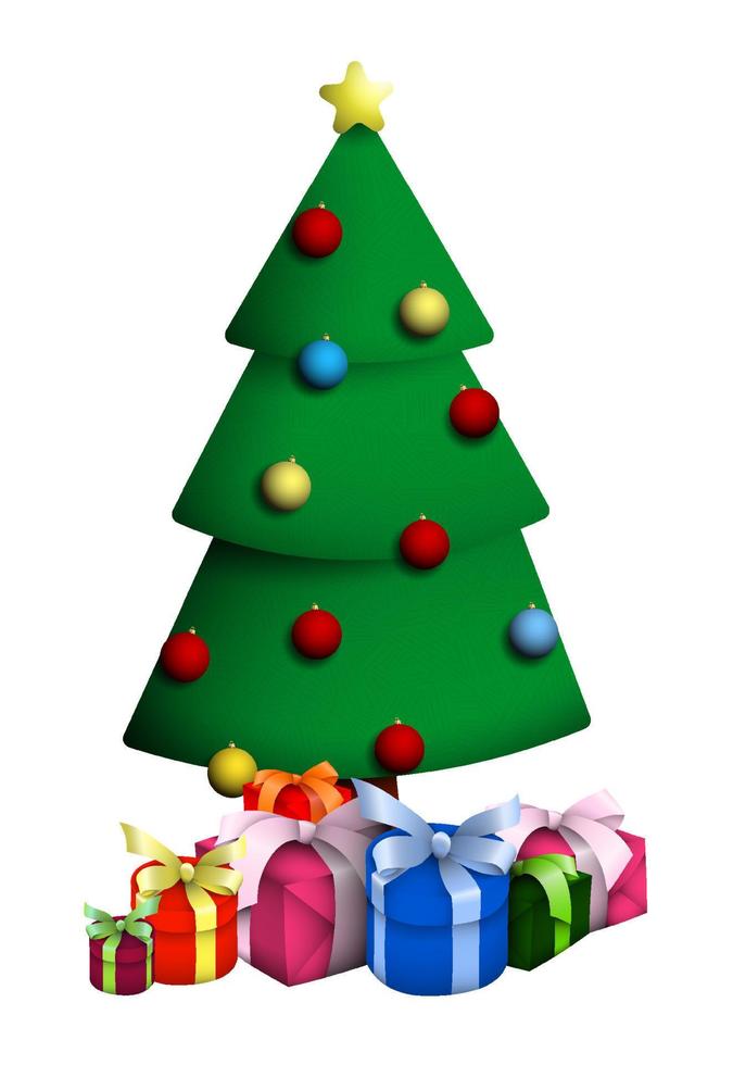 2021, Christmas tree decorated with multicolored glass balls. Christmas and New Year. Gift boxes under tree. Meeting holiday in good mood. Vector in cartoon style