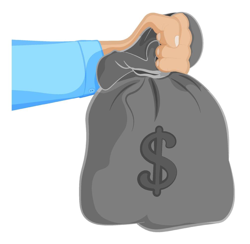 man holds in hand bag of money. Issuance of loan, repayment of debt to bank, economic offenses. Cartoon vector on white