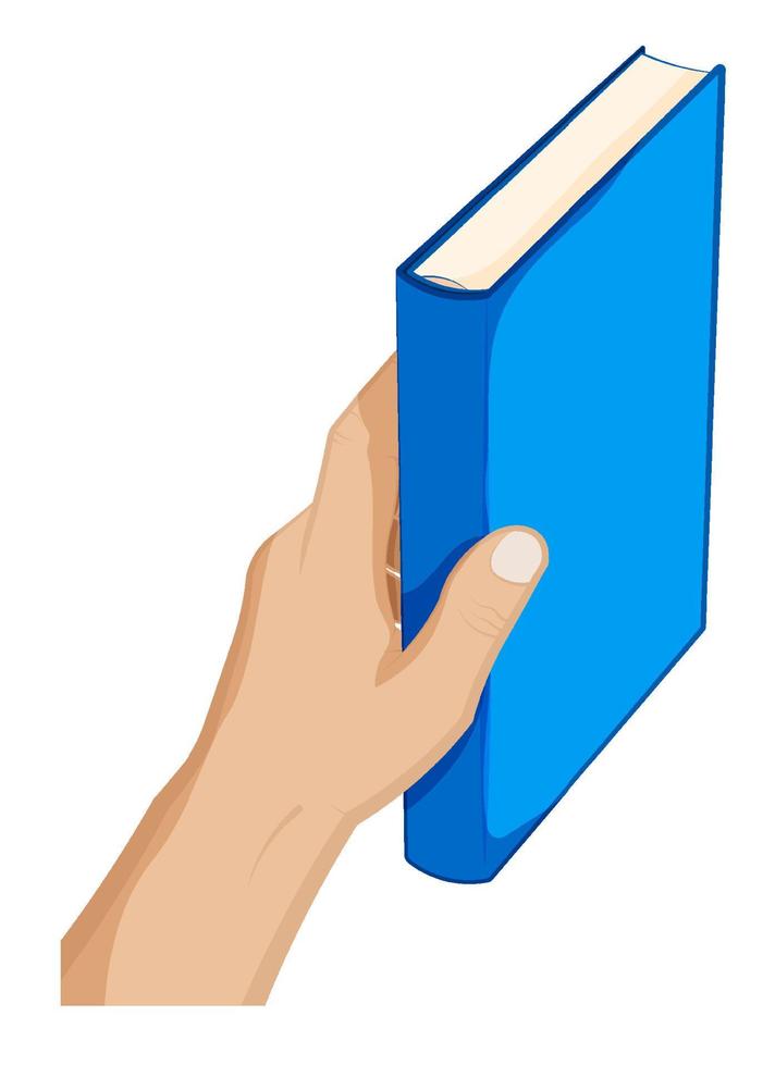 la mano del hombre sostiene el libro cerrado, lo pone en el estante. educación en la escuela y la biblioteca, obteniendo conocimientos de la literatura. vector de dibujos animados sobre fondo blanco