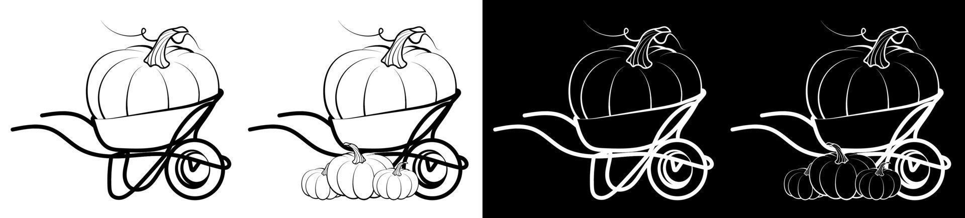 big pumpkin fruit in garden wheelbarrow. Autumn harvest. Autumn Halloween pumpkins. Edible plants. Isolated vector on white background in linear style