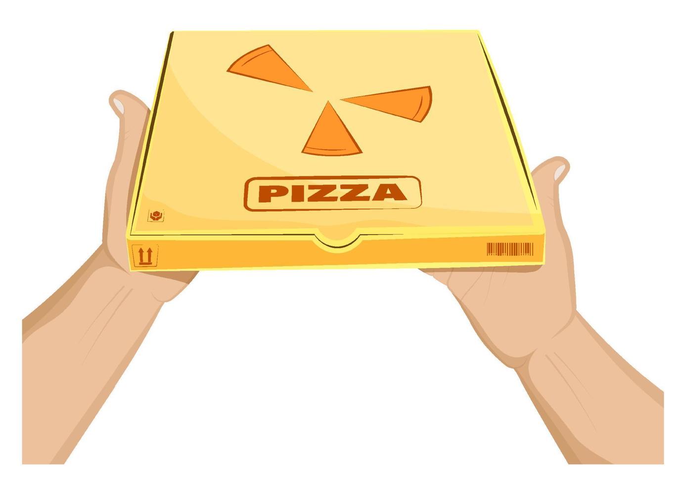 mans hands hold a closed box with pizza. Italian Cuisine. Home delivery food. Cartoon vector on white background