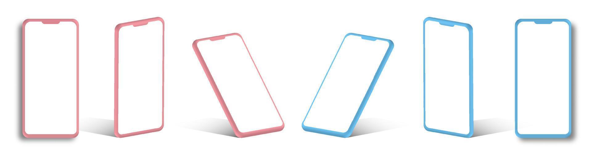 Smartphone frame with blank display. Telephones from different angles. Mockup for mobile application. Realistic vector in bright colors