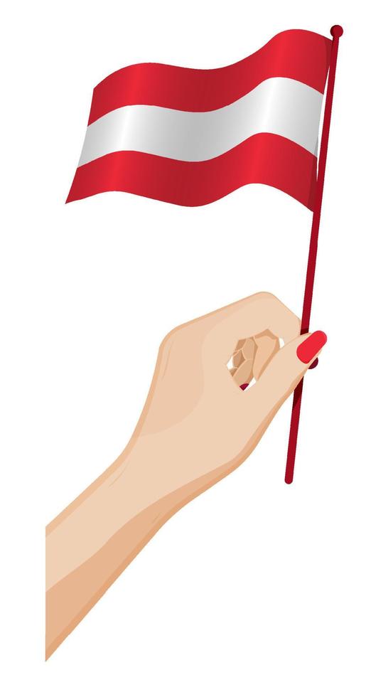 la mano femenina sostiene suavemente la pequeña bandera de austria. elemento de diseño de vacaciones. vector de dibujos animados sobre fondo blanco