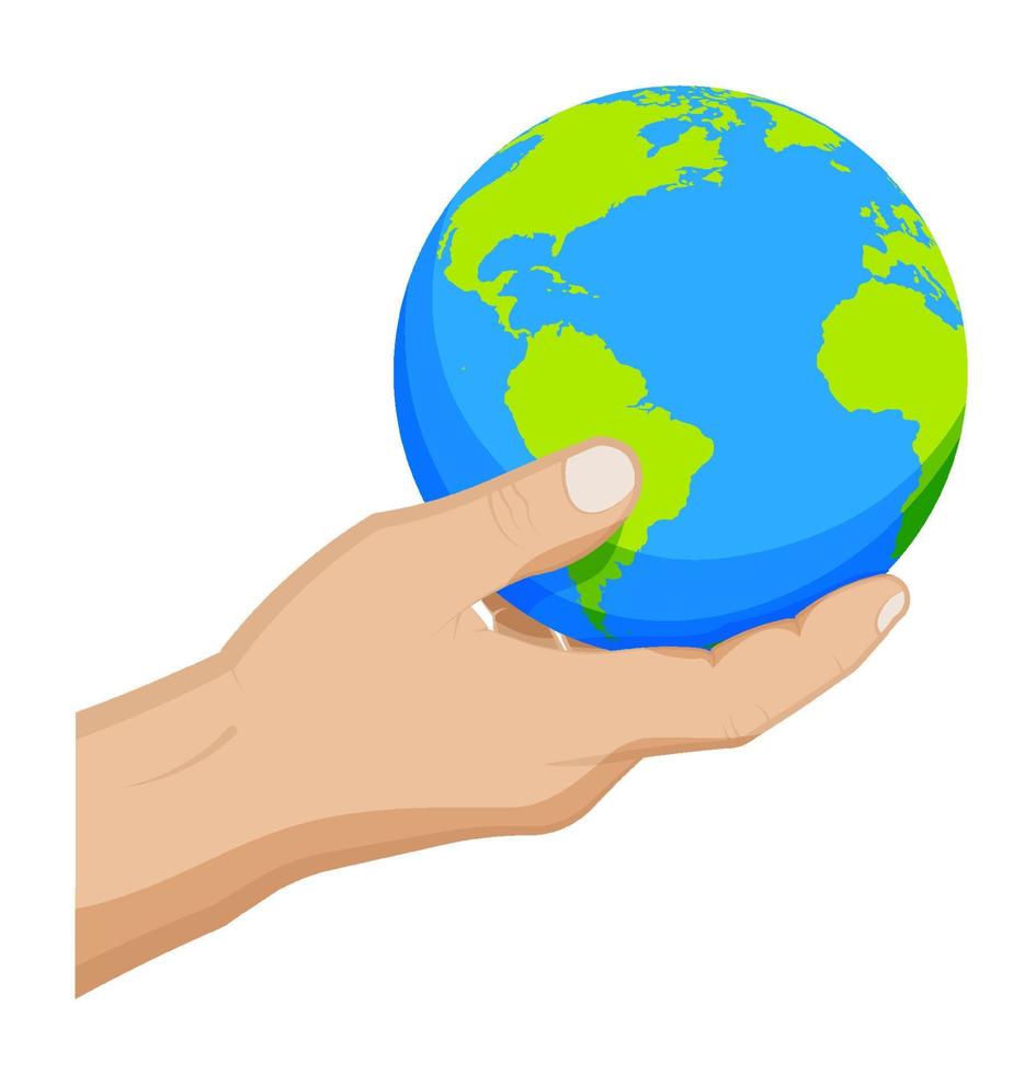 man carefully holds the globe in his hand. Choosing a destination for travel. Global view of the world. Cartoon vector on white background