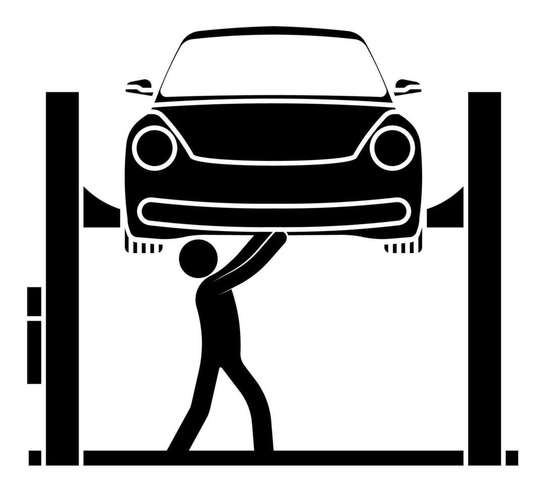 el reparador repara el coche en un ascensor eléctrico en el taller. mantenimiento del estado técnico de la máquina, inspección antes de la venta. vector