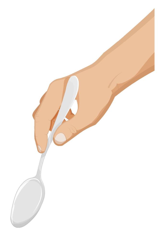 mans hand holds a spoon. Chef prepares festive dinner. Realistic gestures, cooking and drinks. Cartoon vector on white background