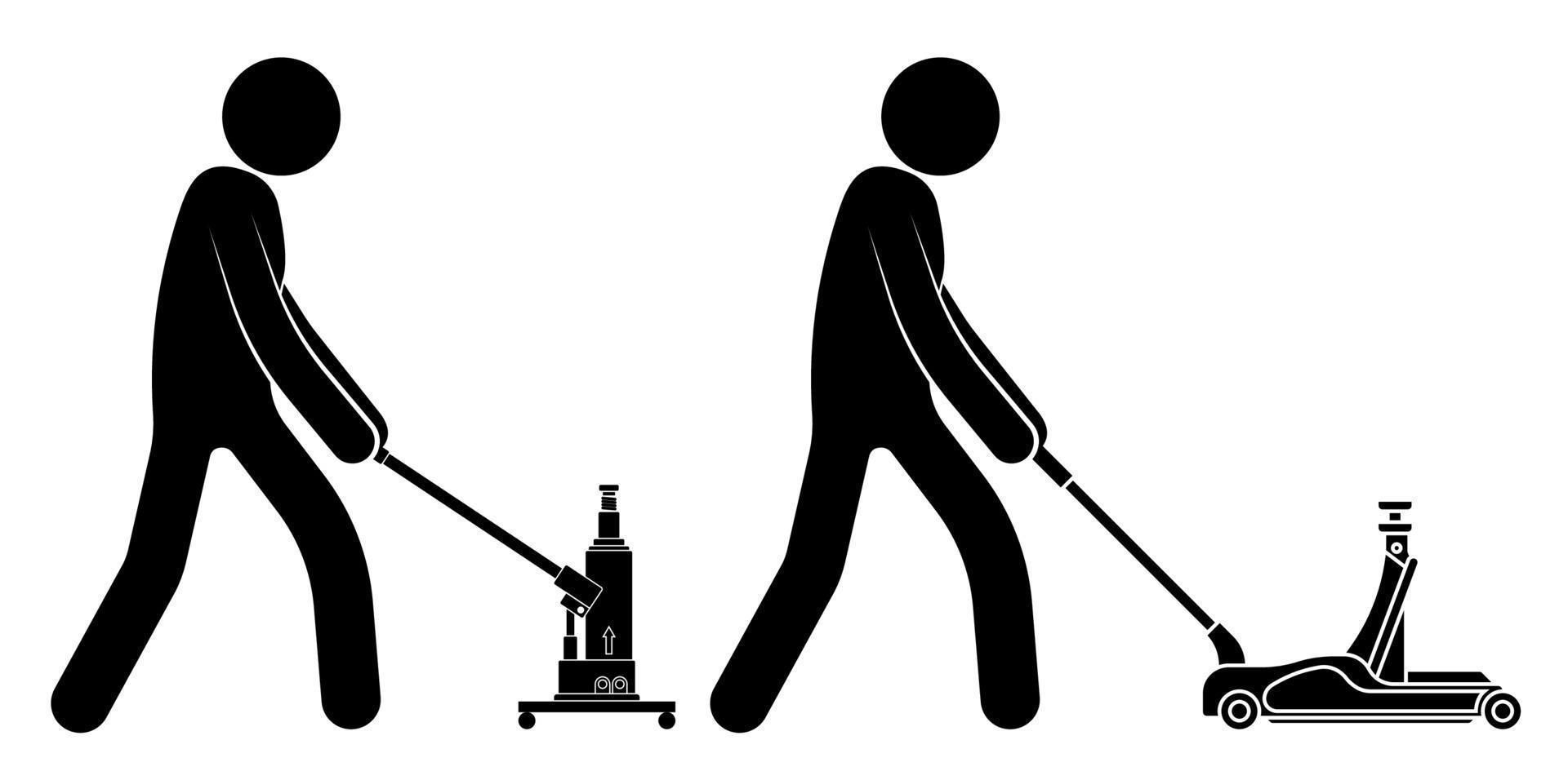 stick figure, workshop mechanic rolls a mechanical manual car jack. Belt in repair shops. Increased lift. Lifting the car to change wheels. Black and white vector