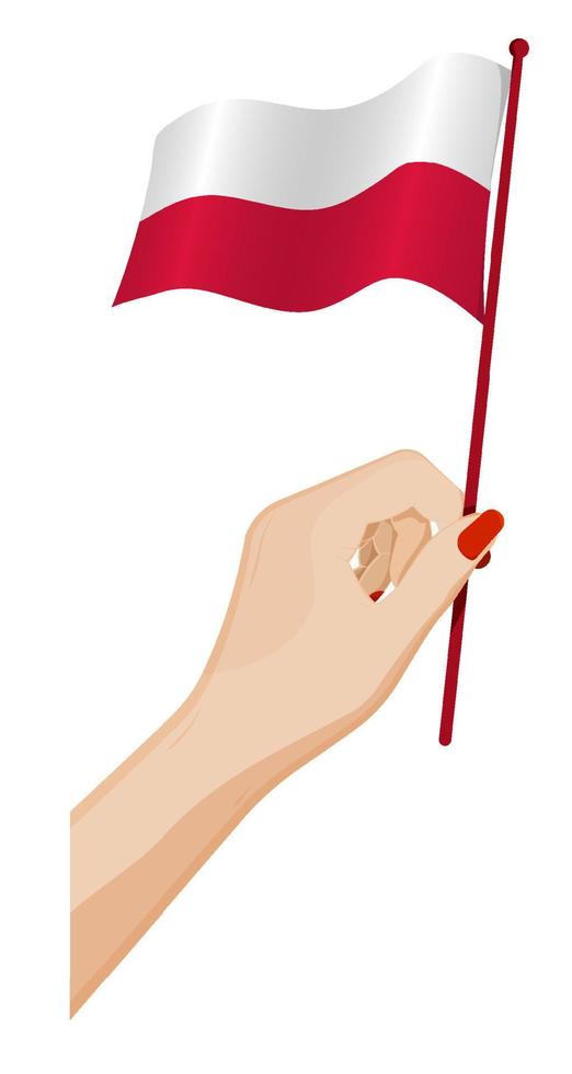 Female hand gently holds small flag of Poland. Holiday design element. Cartoon vector on white background