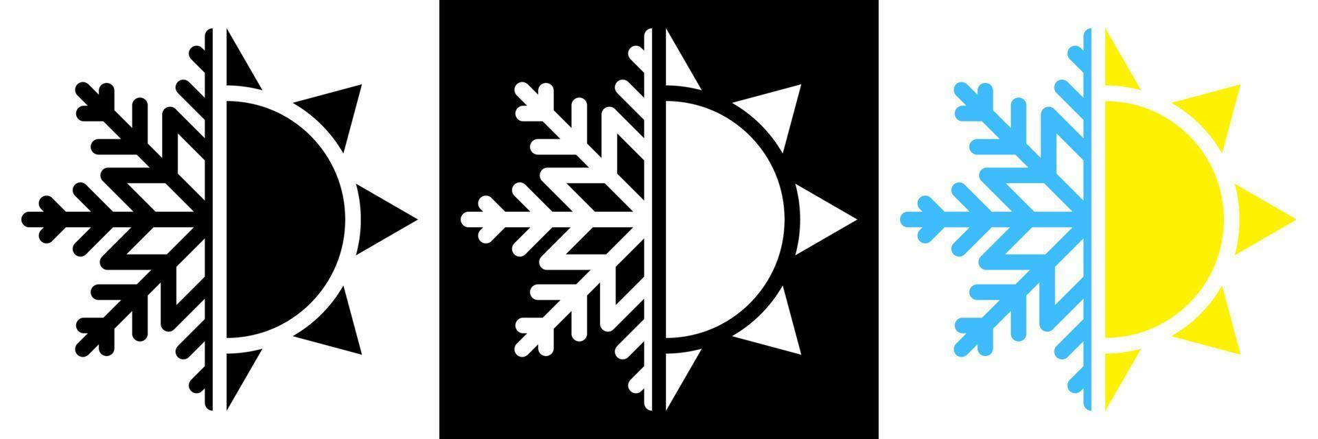 Sun and snowflake. Hot summer and cold winter temperature icon. Snowflake and sun split in half. Isolated vector