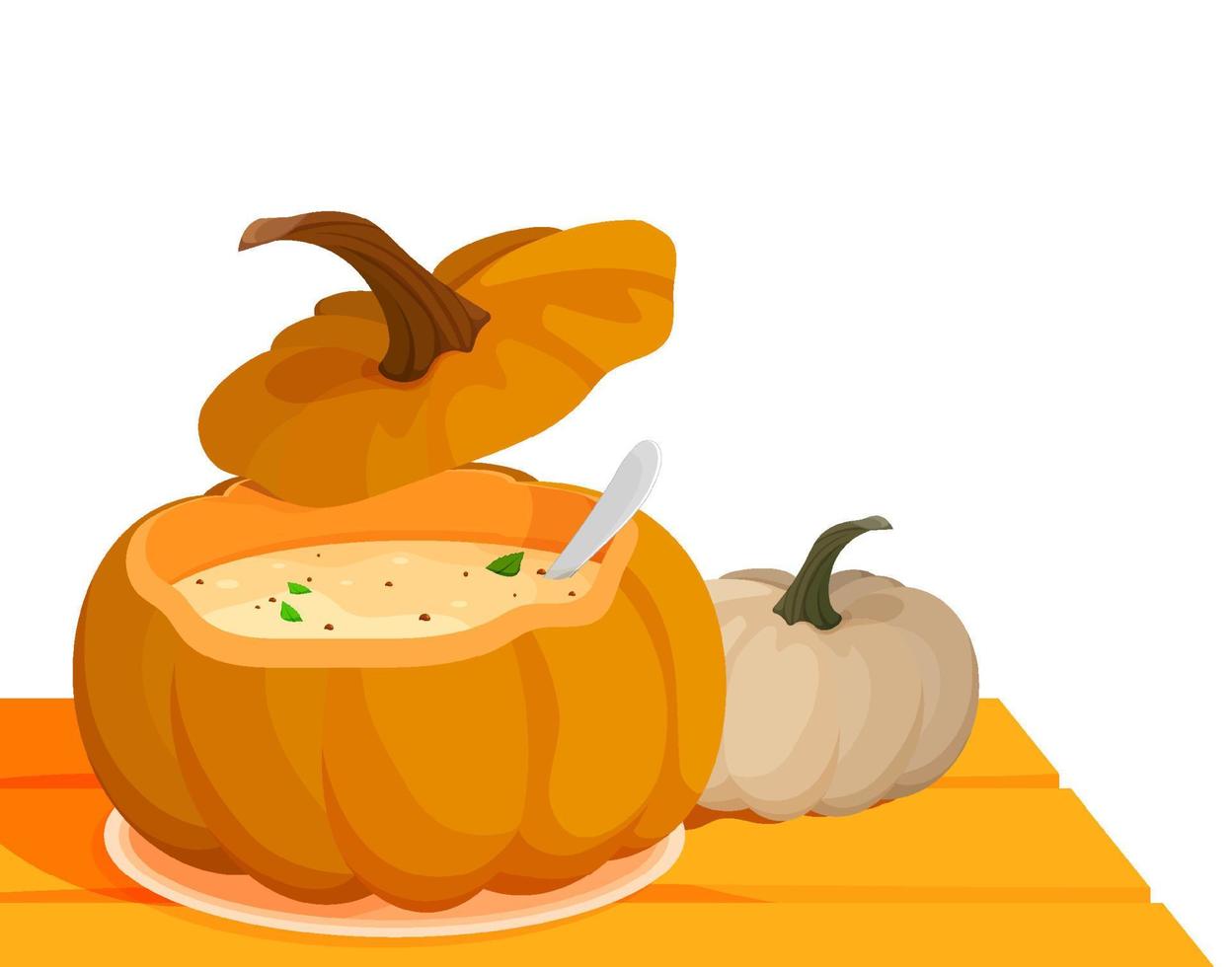 Pumpkin cream soup in open pumpkin on table. Traditional seasonal dish of harvest festival. Autumn harvest. Autumn Halloween. Edible plants. Cartoon vector on white background