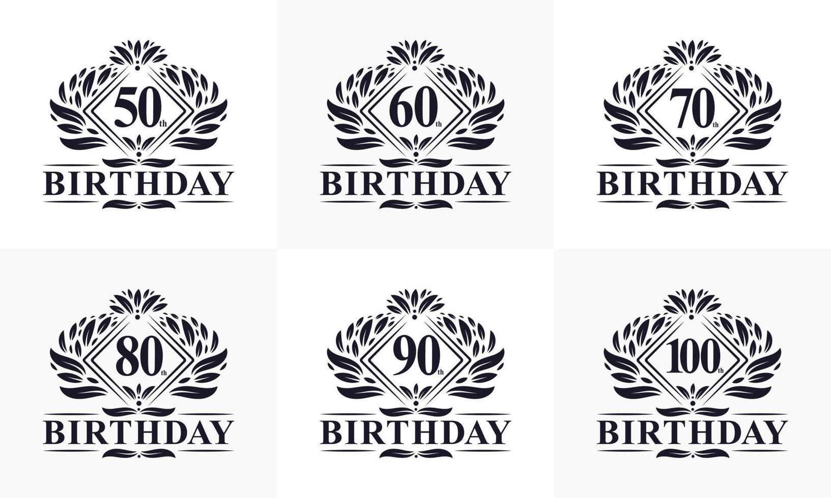 conjunto de logotipo de cumpleaños retro vintage. lujoso paquete de logo de cumpleaños dorado. 50, 60, 70, 80, 90, 100 paquete de logotipos de feliz cumpleaños. vector