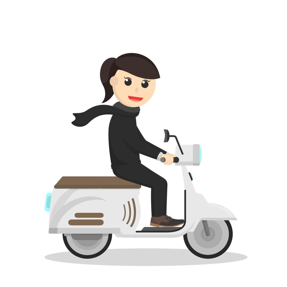 secretaria de mujer de negocios montando un scooter ir al personaje de diseño de oficina sobre fondo blanco vector