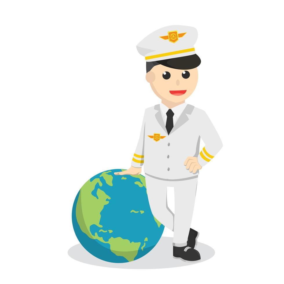 pilot standing with big globe design character on white background vector