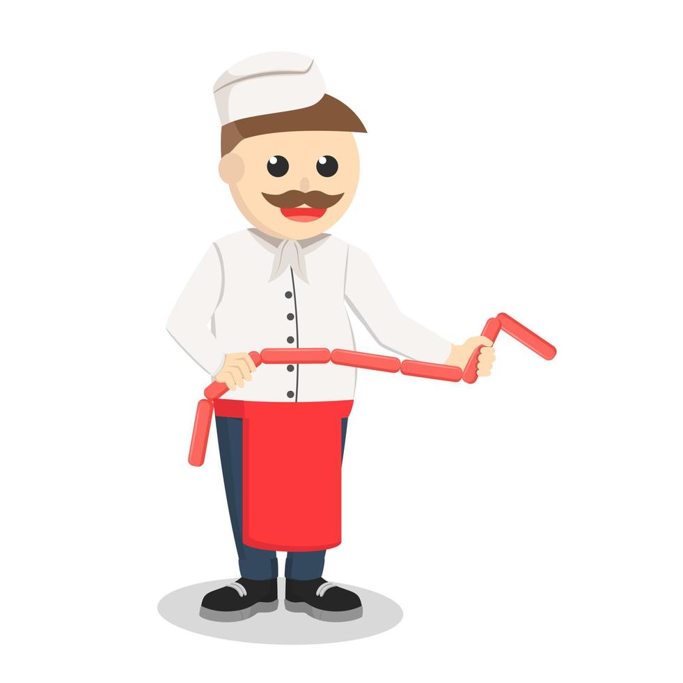 old butcher man holding raw sausage design character on white background vector