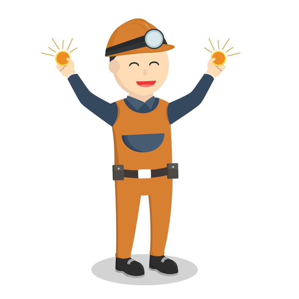 Miner holding gold coin design character on white background vector
