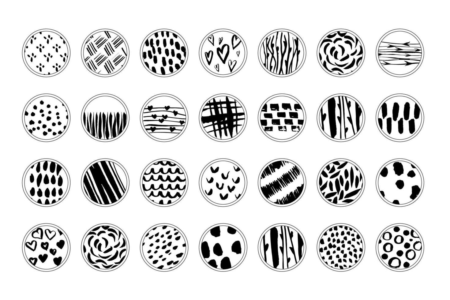 Set of various vector highlight covers. Abstract backgrounds. Various shapes, lines, spots, dots, leaves, floral, doodle objects. Hand drawn templates. Round icons for social media stories.
