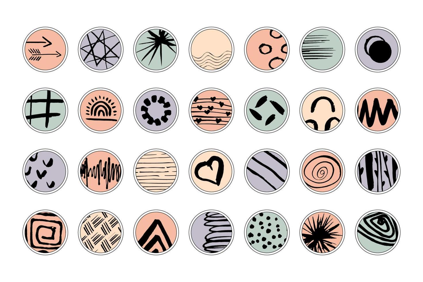 Set of various vector highlight covers. Abstract backgrounds. Various shapes, lines, spots, dots,  leaves, floral, doodle objects. Hand drawn templates. Round icons for social media stories.