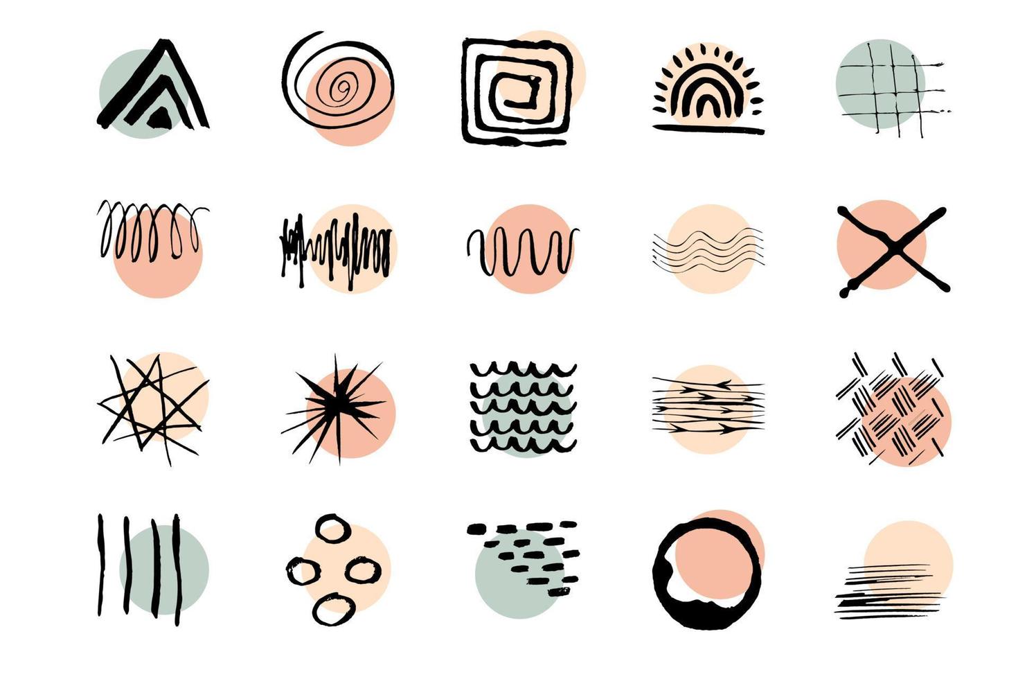 Set of various vector highlight covers. Abstract backgrounds. Various shapes, lines, spots, dots,  leaves, floral, doodle objects. Hand drawn templates. Round icons for social media stories.