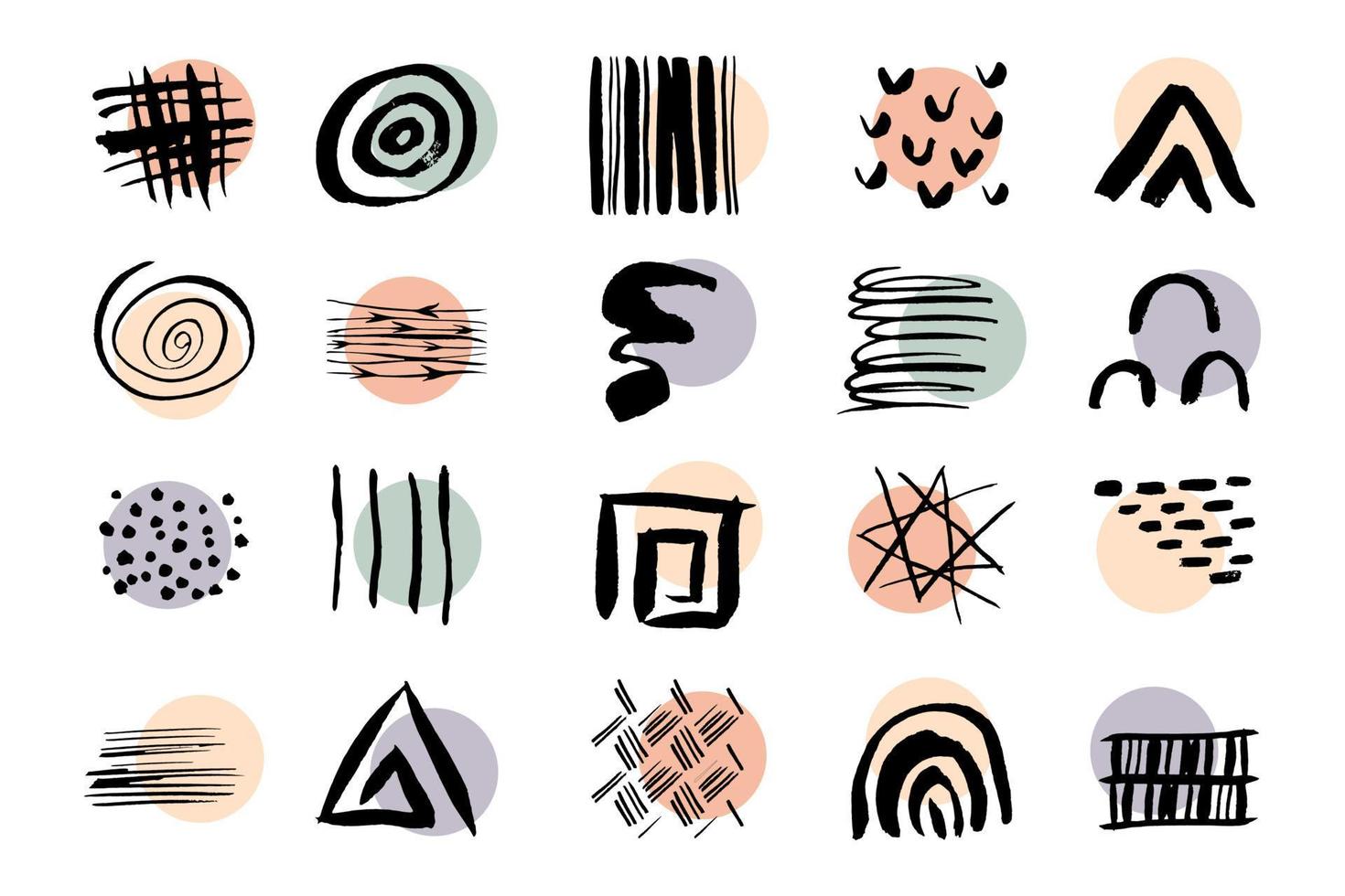 Set of various vector highlight covers. Abstract backgrounds. Various shapes, lines, spots, dots,  leaves, floral, doodle objects. Hand drawn templates. Round icons for social media stories.