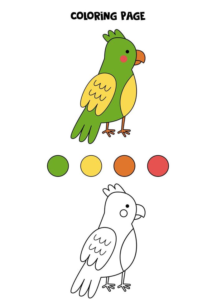 Color cute green parrot. Worksheet for kids. vector