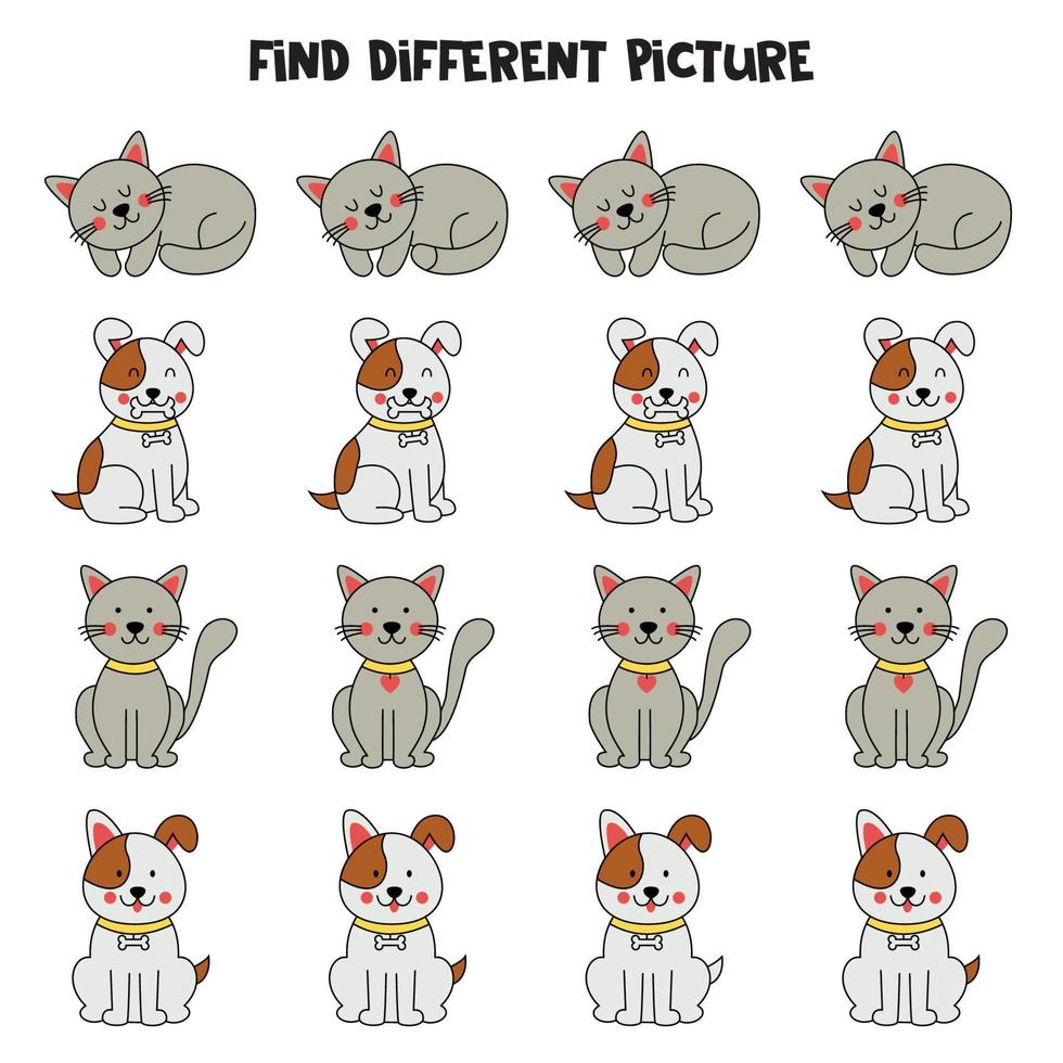 encuentra un gato o un perro gris que sea diferente de los demás. hoja de trabajo para niños. vector