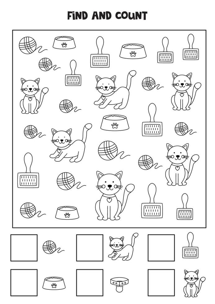 Counting game with cute cat accessories. Black and white worksheet. vector