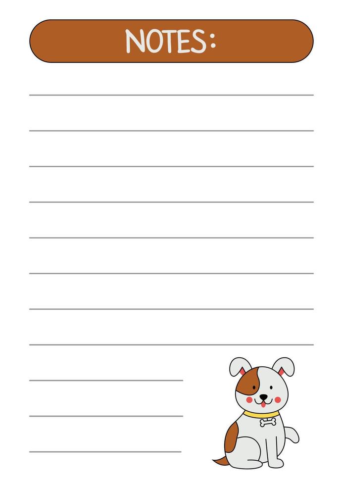 Vector worksheet with notes with cute brown dog.