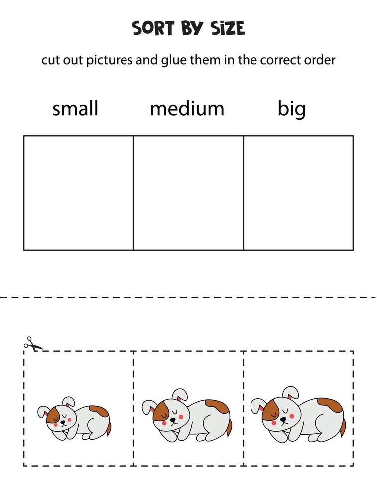 Sort cute dogs by size. Educational worksheet for kids. vector