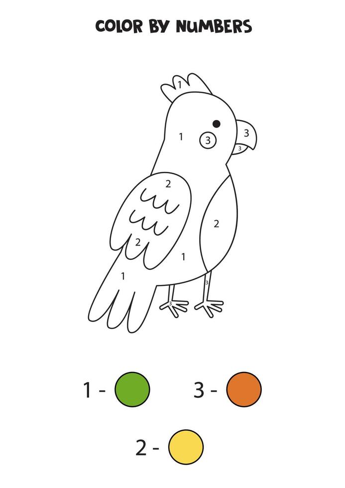 Color cute cartoon parrot by numbers. Worksheet for kids. vector