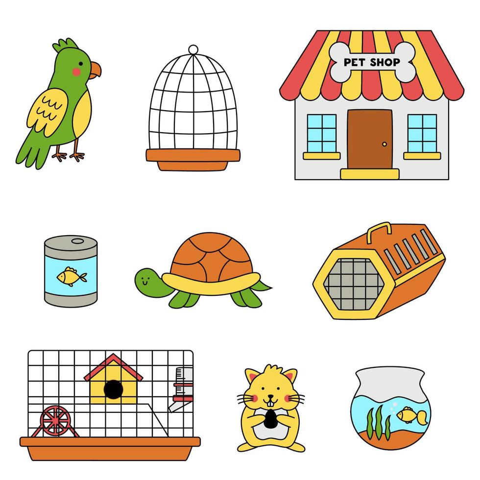 Set of cute pets and pet accessories in cartoon style. vector