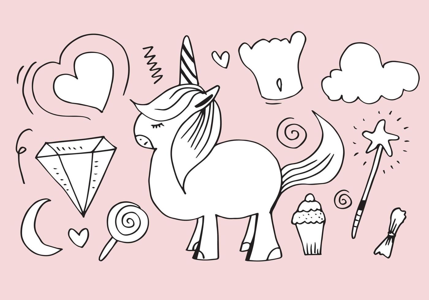 magic unicorn element design set. Hand drawn line style. Vector scribble illustration.