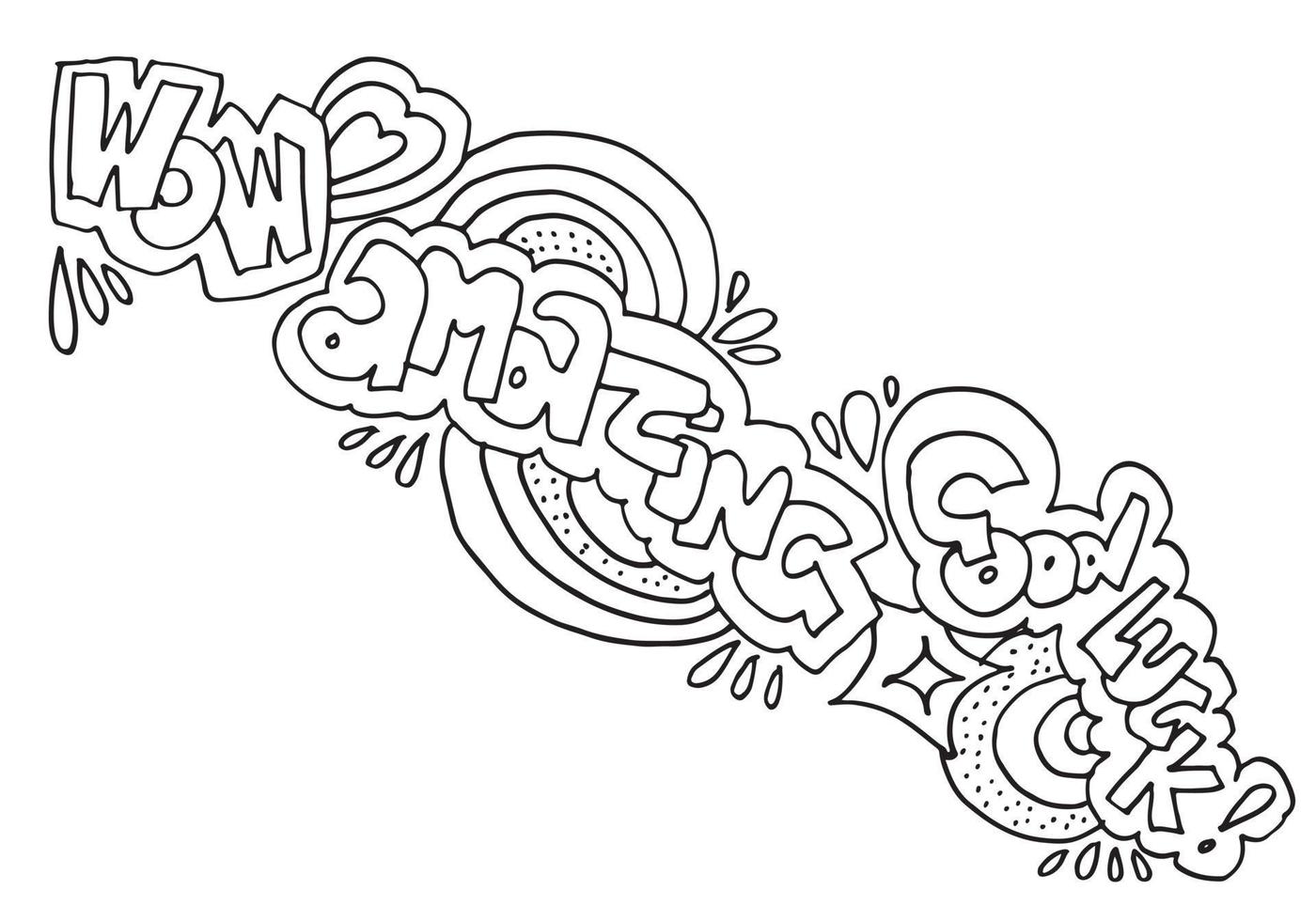 Letras de mano guau, increíble, buena suerte con el arte del doodle para el diseño de conceptos, gráficos de moda, impresión de arte para carteles y diseño de tarjetas de felicitación. vector