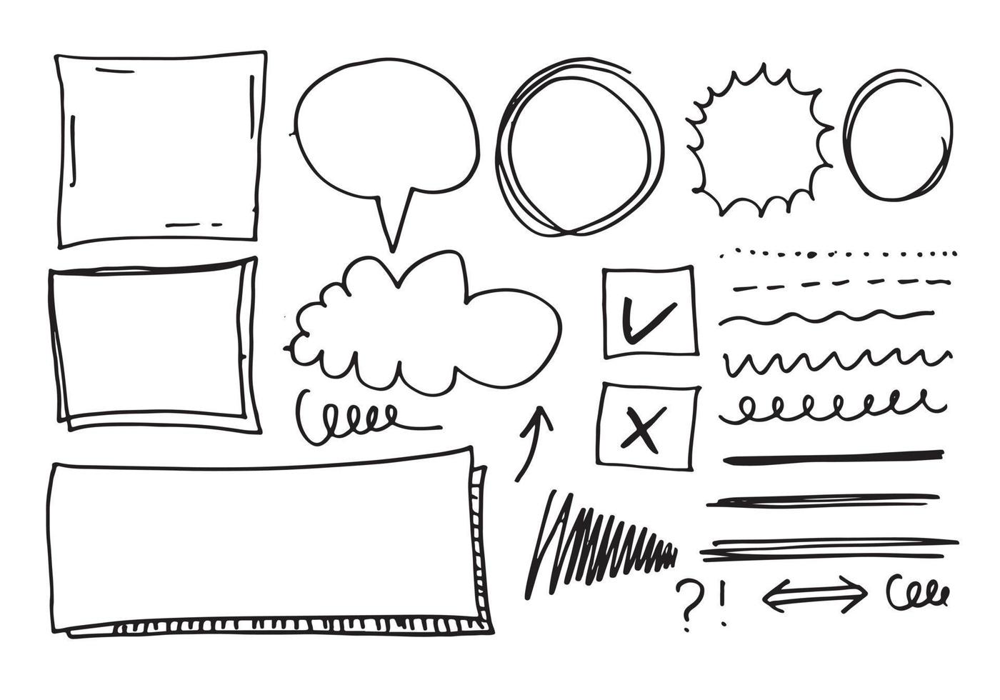 Set of simple doodle lines, curves, frames and spots.Doodle borders.checklist marks icon set on white background. vector
