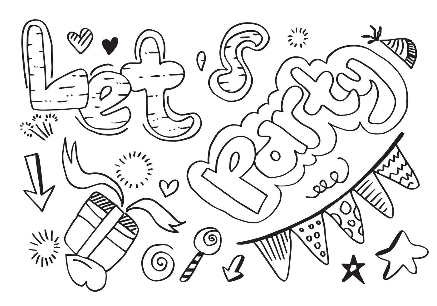 Let s party Hand drawn cartoon illustration. Bright handdrawn lettering in circle for card, poster, banner. Vector illustration