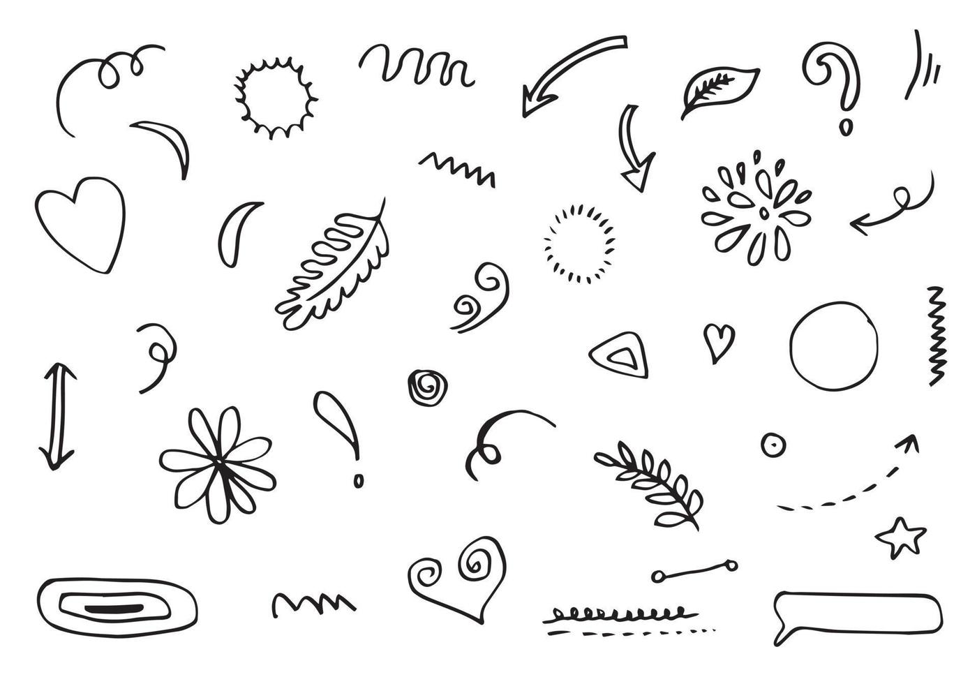 Hand drawn set elements, black on white background. Arrow, heart, love, star, leaf, sun, light, flower, crown, king, queen,Swishes, swoops, emphasis ,swirl, heart, for concept design. vector