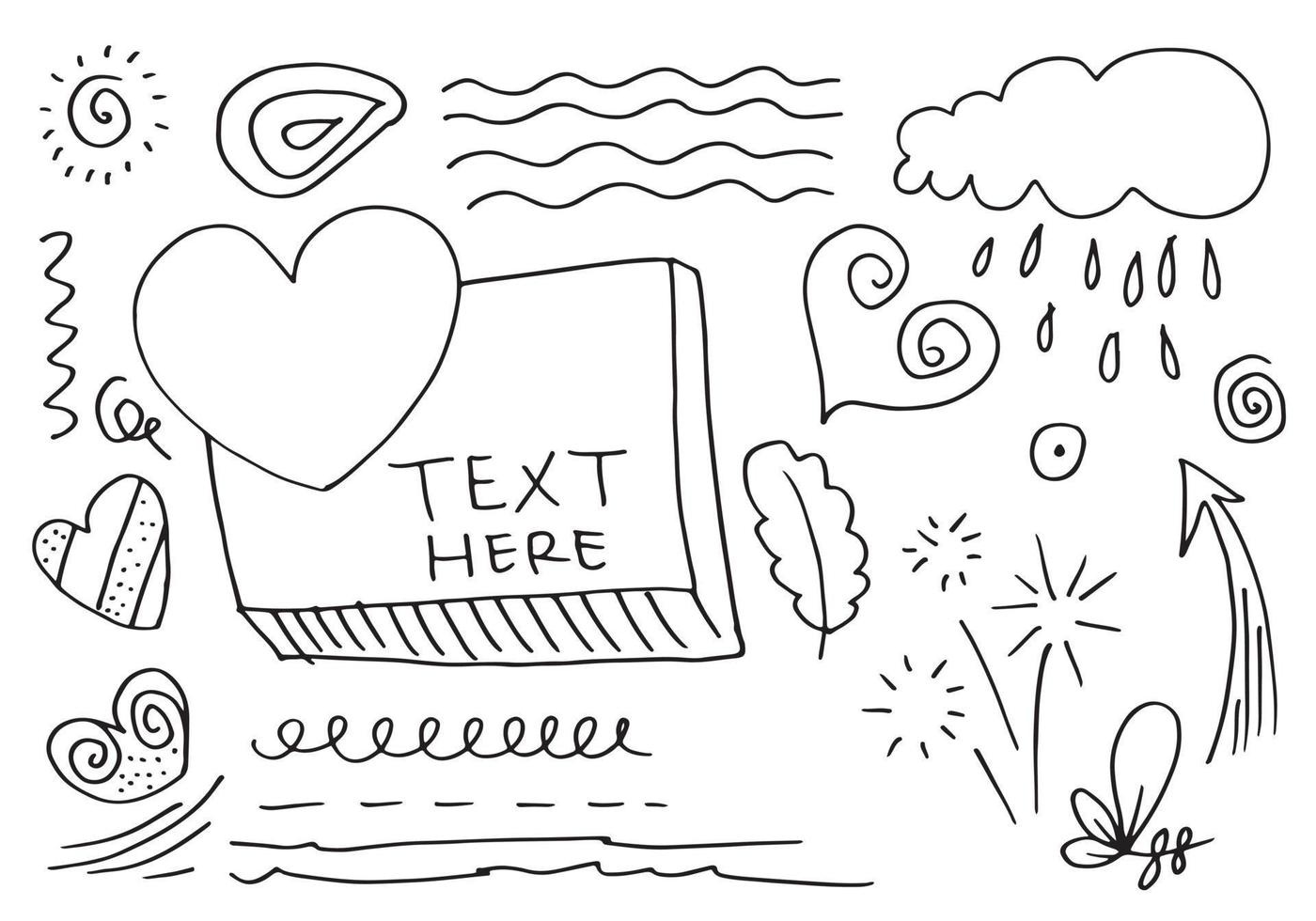 hand drawn set elements, black on white background. hearts, light, clouds, rain, arrows, flowers, leaves, emphasis, vortex, for concept design. vector