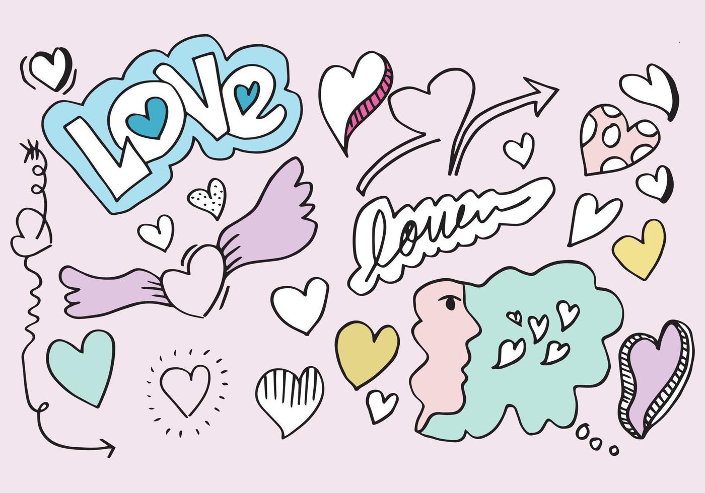 hand drawn doodles set for Valentine's Day. collection of beautiful hearts and writings Love. Vector illustration.