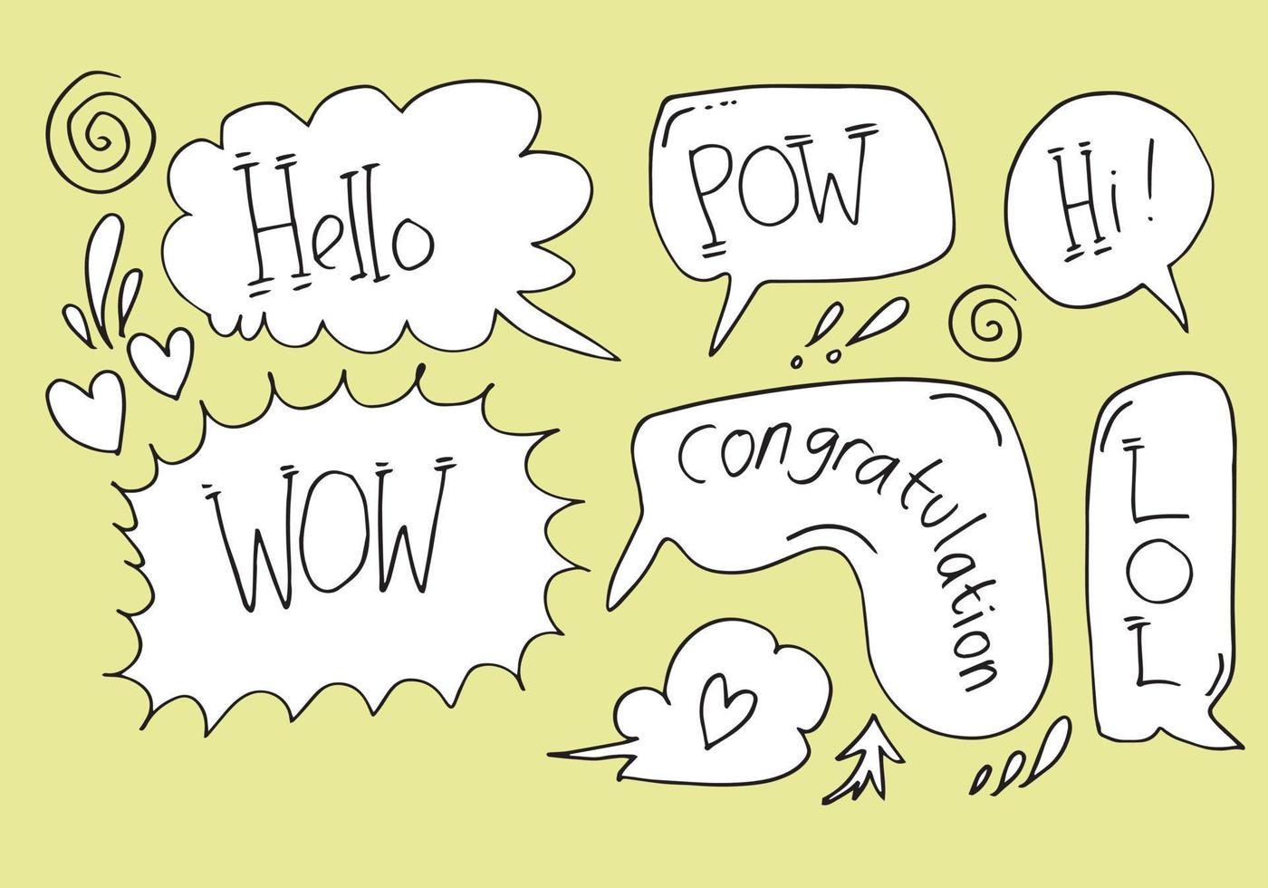 Comic speech bubble set with text Wow, pow, hello, hi, lol,congratulation.Cartoon text balloons on yellow background. vector