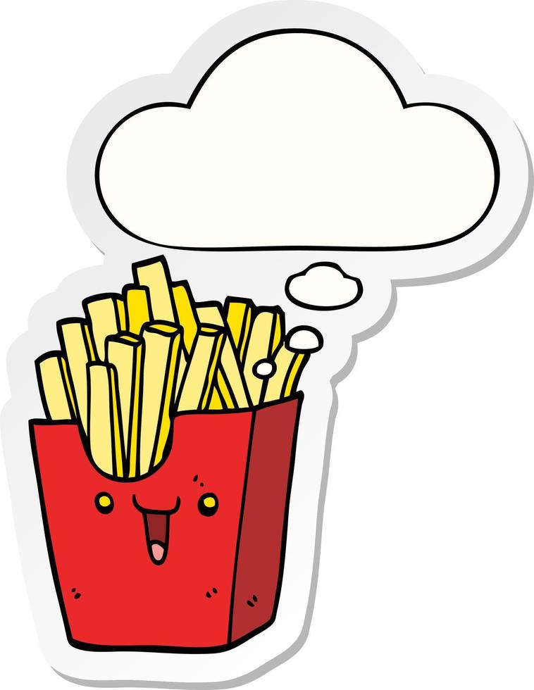 cute cartoon box of fries and thought bubble as a printed sticker vector
