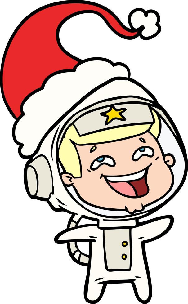 line drawing of a laughing astronaut wearing santa hat vector